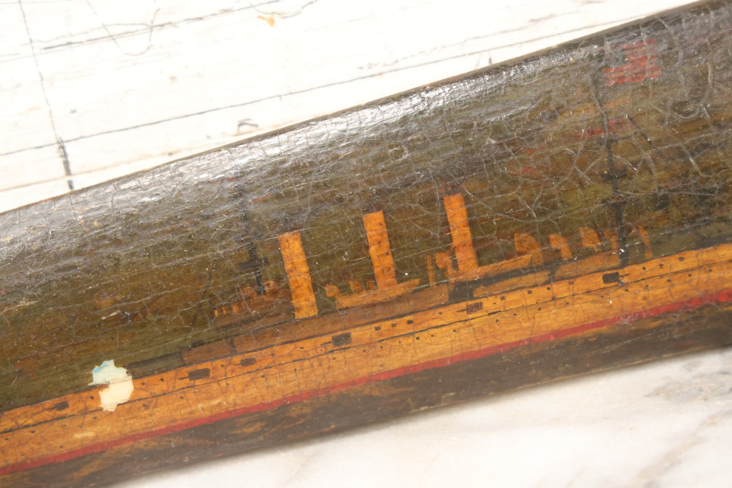 Lot 002 - Antique Painted Swordfish Bill Sword With Carved Wooden Handle, Featuring U.S. Naval Warship And Patriotic Shield Motifs, Late 19th–Early 20th Century, 39-3/8" L