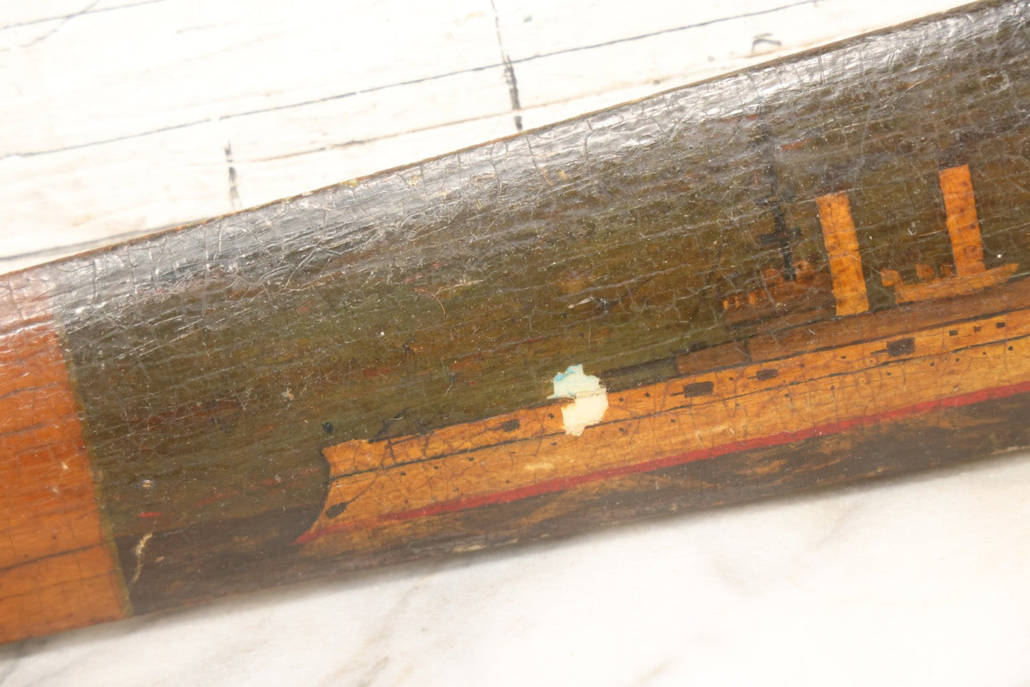 Lot 002 - Antique Painted Swordfish Bill Sword With Carved Wooden Handle, Featuring U.S. Naval Warship And Patriotic Shield Motifs, Late 19th–Early 20th Century, 39-3/8" L