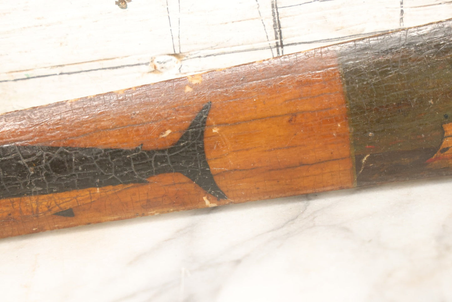 Lot 002 - Antique Painted Swordfish Bill Sword With Carved Wooden Handle, Featuring U.S. Naval Warship And Patriotic Shield Motifs, Late 19th–Early 20th Century, 39-3/8" L
