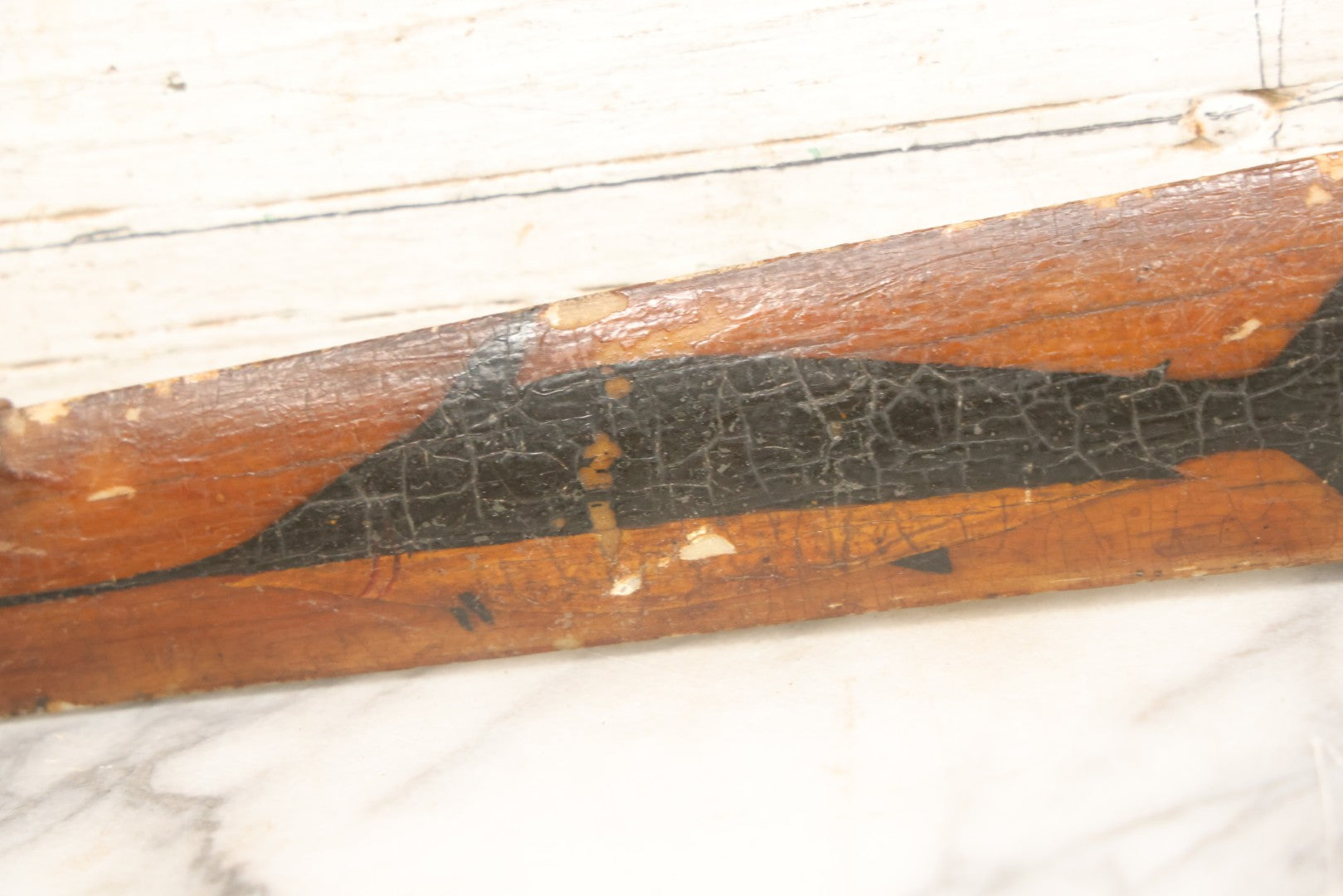 Lot 002 - Antique Painted Swordfish Bill Sword With Carved Wooden Handle, Featuring U.S. Naval Warship And Patriotic Shield Motifs, Late 19th–Early 20th Century, 39-3/8" L