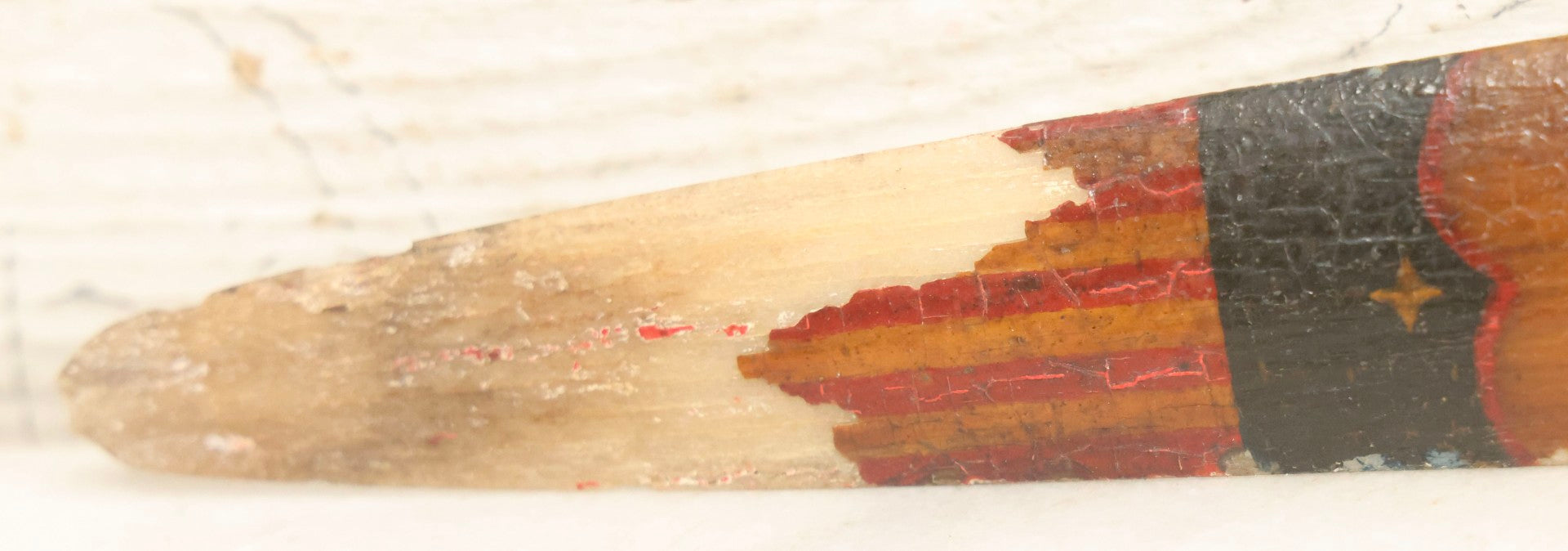 Lot 002 - Antique Painted Swordfish Bill Sword With Carved Wooden Handle, Featuring U.S. Naval Warship And Patriotic Shield Motifs, Late 19th–Early 20th Century, 39-3/8" L