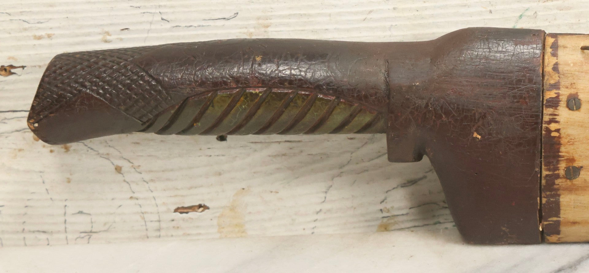 Lot 002 - Antique Painted Swordfish Bill Sword With Carved Wooden Handle, Featuring U.S. Naval Warship And Patriotic Shield Motifs, Late 19th–Early 20th Century, 39-3/8" L