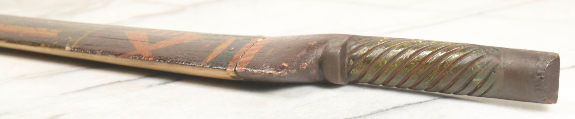 Lot 002 - Antique Painted Swordfish Bill Sword With Carved Wooden Handle, Featuring U.S. Naval Warship And Patriotic Shield Motifs, Late 19th–Early 20th Century, 39-3/8" L