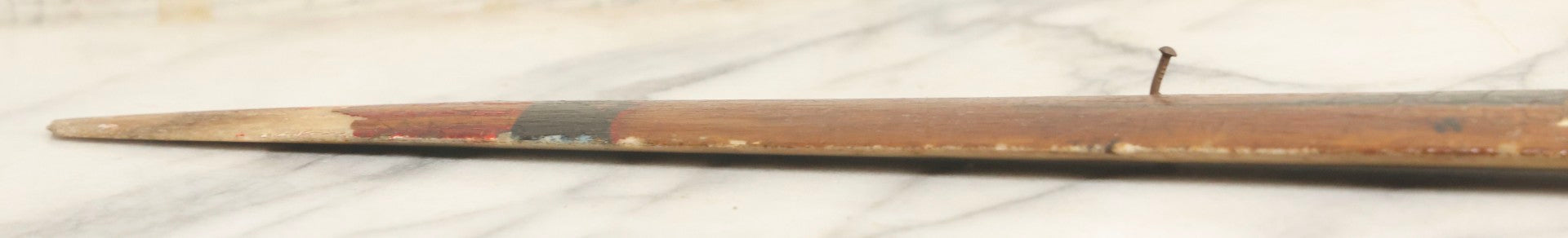 Lot 002 - Antique Painted Swordfish Bill Sword With Carved Wooden Handle, Featuring U.S. Naval Warship And Patriotic Shield Motifs, Late 19th–Early 20th Century, 39-3/8" L