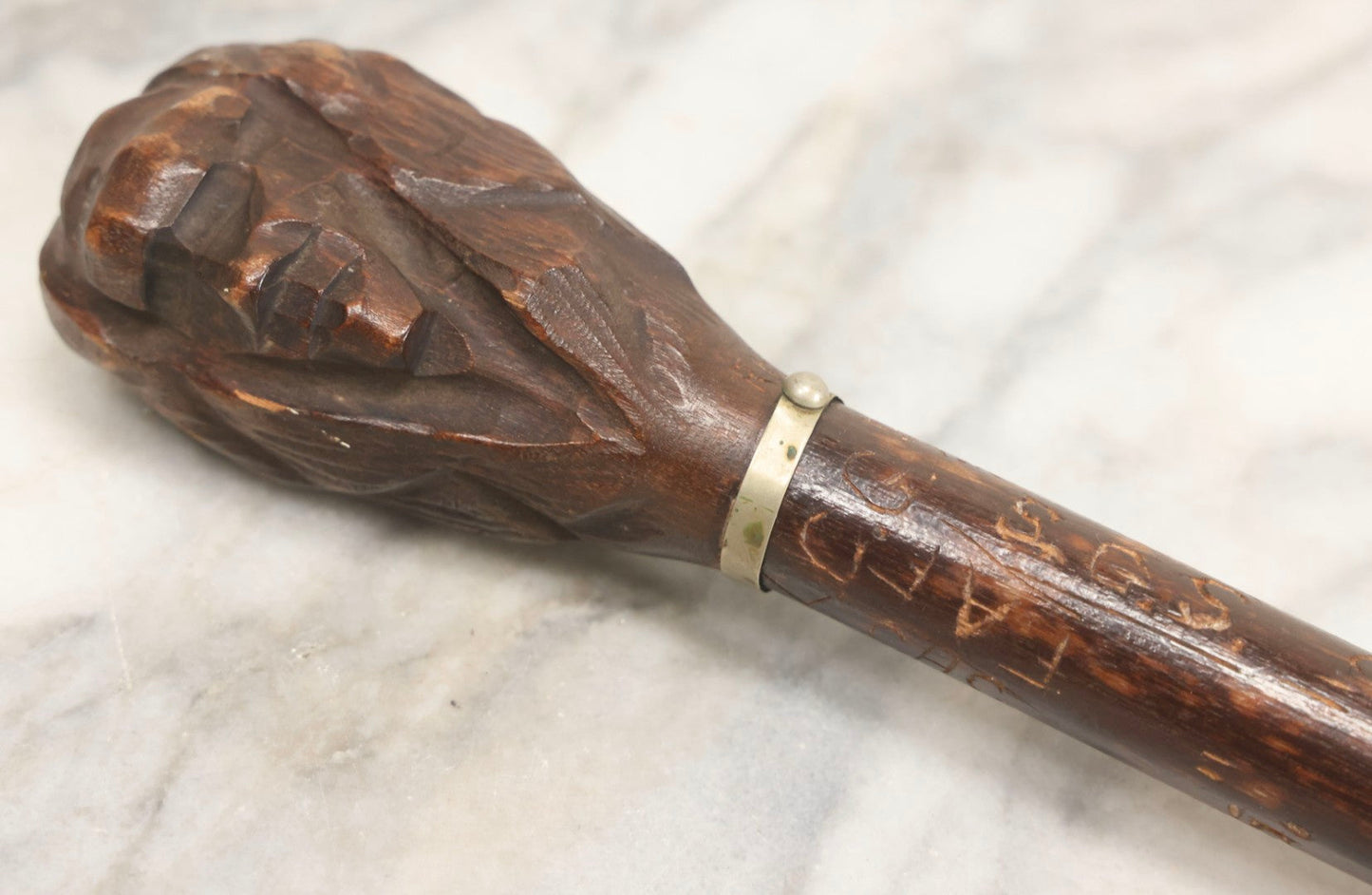 Lot 003 - Vintage Hand-Carved White Mountains, New Hampshire Folk Art Hiking Stick With Double-Sided Old Man Of The Mountain Carved Handle And Decades Of Carved Initials, Names, And Nicknames, 36" L