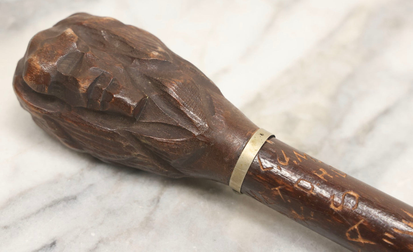 Lot 003 - Vintage Hand-Carved White Mountains, New Hampshire Folk Art Hiking Stick With Double-Sided Old Man Of The Mountain Carved Handle And Decades Of Carved Initials, Names, And Nicknames, 36" L
