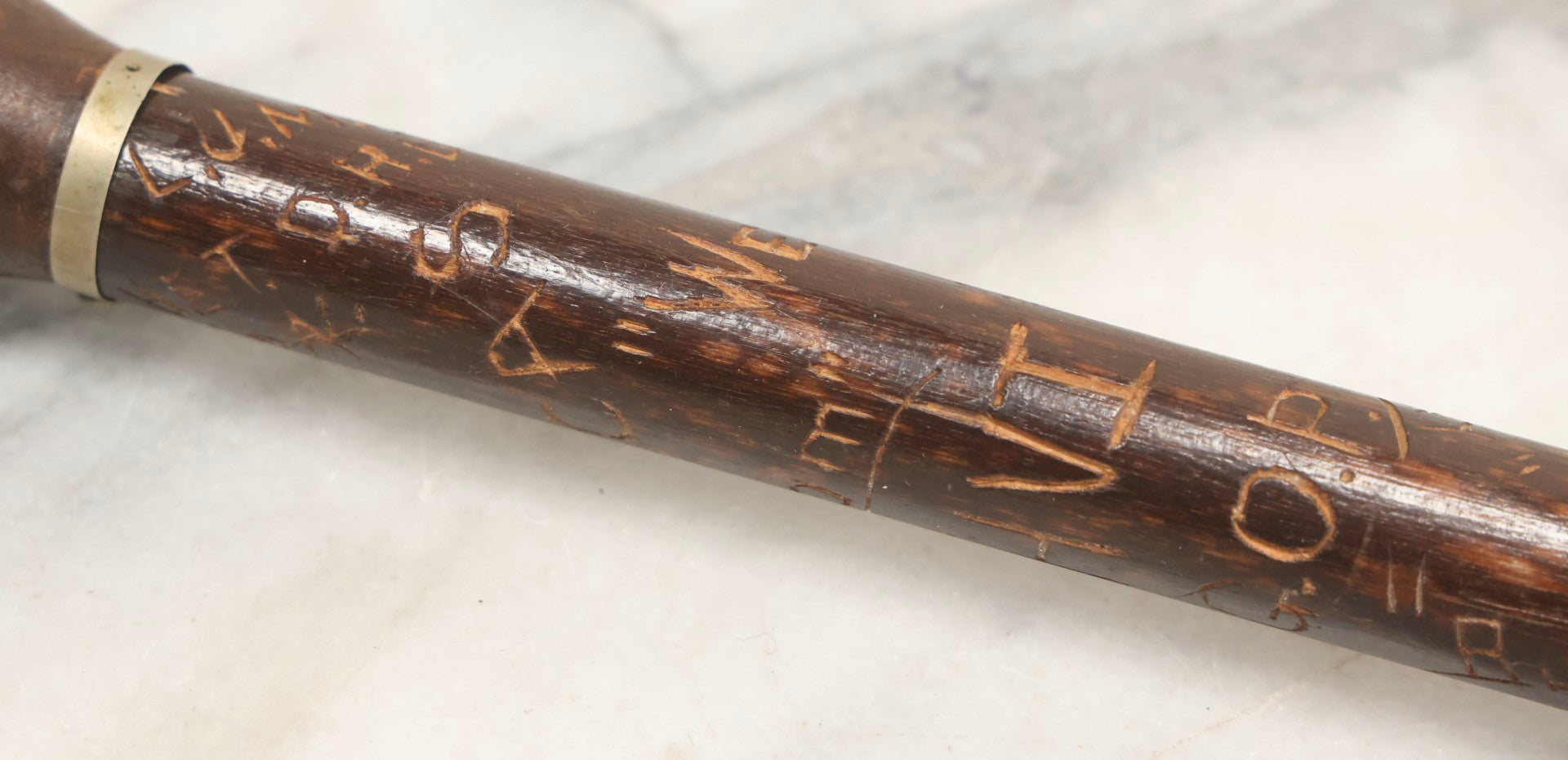 Lot 003 - Vintage Hand-Carved White Mountains, New Hampshire Folk Art Hiking Stick With Double-Sided Old Man Of The Mountain Carved Handle And Decades Of Carved Initials, Names, And Nicknames, 36" L