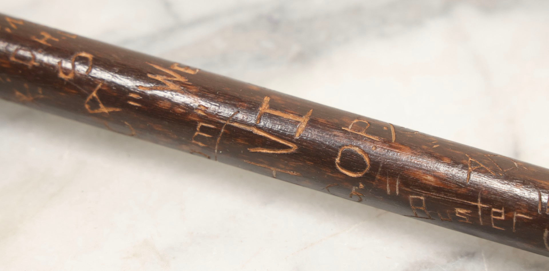 Lot 003 - Vintage Hand-Carved White Mountains, New Hampshire Folk Art Hiking Stick With Double-Sided Old Man Of The Mountain Carved Handle And Decades Of Carved Initials, Names, And Nicknames, 36" L