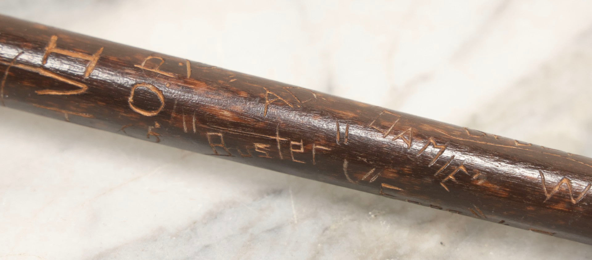 Lot 003 - Vintage Hand-Carved White Mountains, New Hampshire Folk Art Hiking Stick With Double-Sided Old Man Of The Mountain Carved Handle And Decades Of Carved Initials, Names, And Nicknames, 36" L