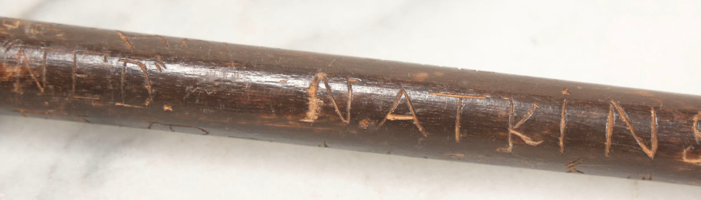 Lot 003 - Vintage Hand-Carved White Mountains, New Hampshire Folk Art Hiking Stick With Double-Sided Old Man Of The Mountain Carved Handle And Decades Of Carved Initials, Names, And Nicknames, 36" L