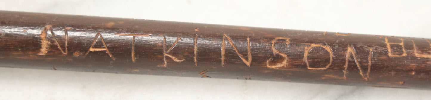 Lot 003 - Vintage Hand-Carved White Mountains, New Hampshire Folk Art Hiking Stick With Double-Sided Old Man Of The Mountain Carved Handle And Decades Of Carved Initials, Names, And Nicknames, 36" L