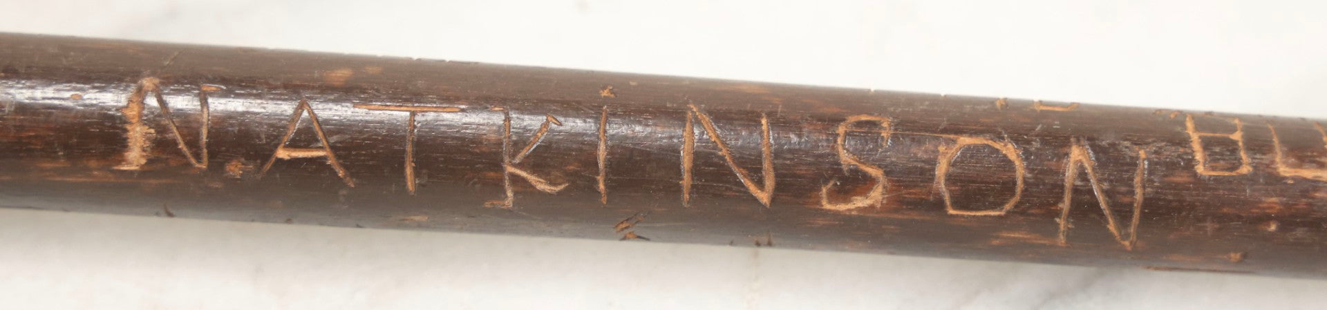 Lot 003 - Vintage Hand-Carved White Mountains, New Hampshire Folk Art Hiking Stick With Double-Sided Old Man Of The Mountain Carved Handle And Decades Of Carved Initials, Names, And Nicknames, 36" L