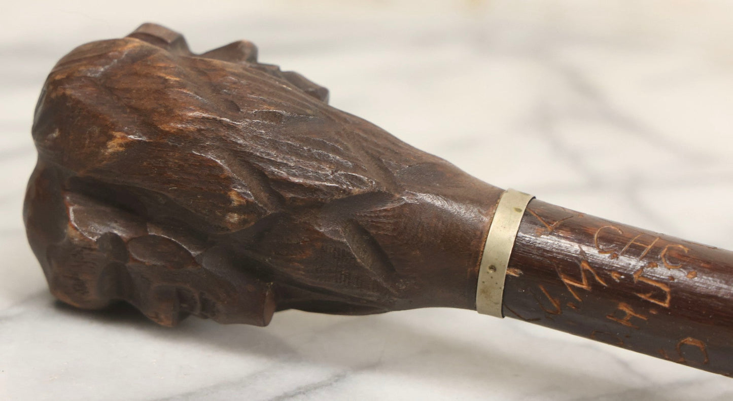 Lot 003 - Vintage Hand-Carved White Mountains, New Hampshire Folk Art Hiking Stick With Double-Sided Old Man Of The Mountain Carved Handle And Decades Of Carved Initials, Names, And Nicknames, 36" L