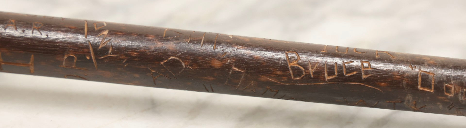 Lot 003 - Vintage Hand-Carved White Mountains, New Hampshire Folk Art Hiking Stick With Double-Sided Old Man Of The Mountain Carved Handle And Decades Of Carved Initials, Names, And Nicknames, 36" L