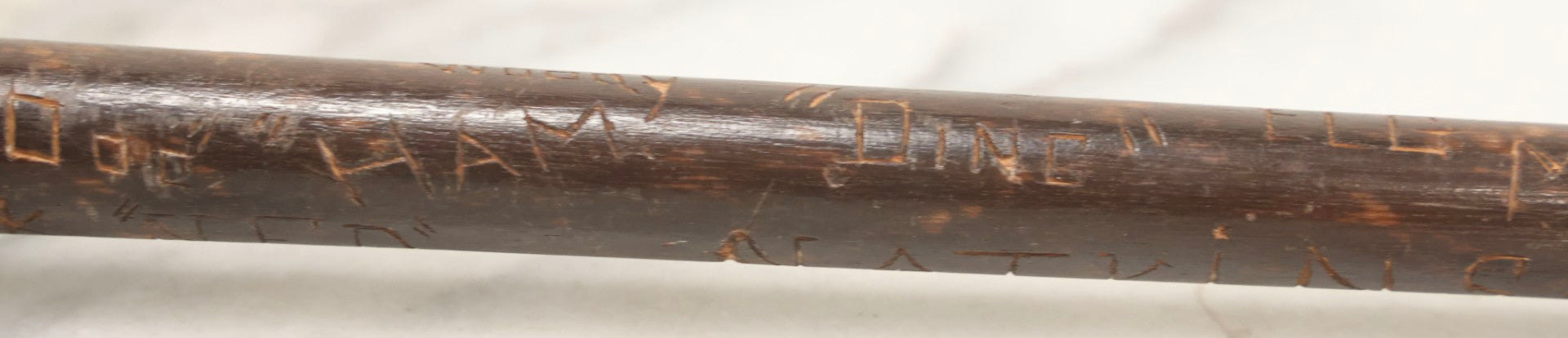 Lot 003 - Vintage Hand-Carved White Mountains, New Hampshire Folk Art Hiking Stick With Double-Sided Old Man Of The Mountain Carved Handle And Decades Of Carved Initials, Names, And Nicknames, 36" L