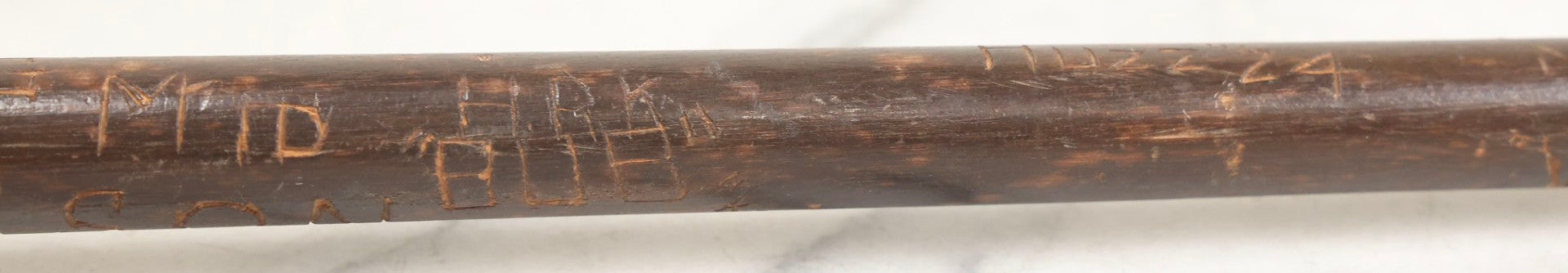 Lot 003 - Vintage Hand-Carved White Mountains, New Hampshire Folk Art Hiking Stick With Double-Sided Old Man Of The Mountain Carved Handle And Decades Of Carved Initials, Names, And Nicknames, 36" L
