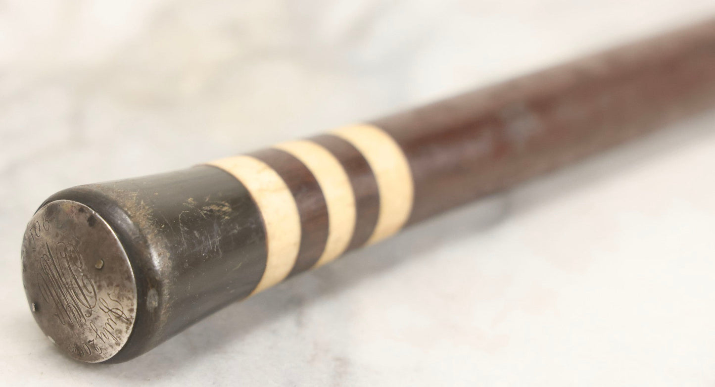Lot 004 - Antique Cane With Sterling Silver Medallion Dated July 20th, 1901 And Monogrammed "P.M.C." Mounted On Horn Grip With Banded Bone And Wood Shaft, 33-1/2" L