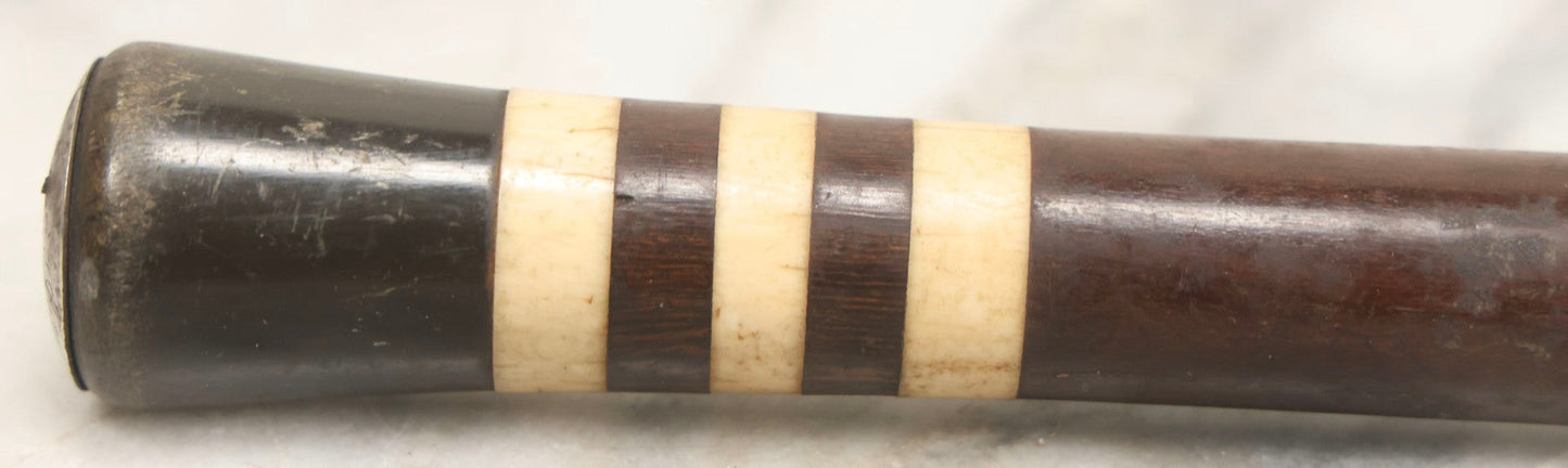 Lot 004 - Antique Cane With Sterling Silver Medallion Dated July 20th, 1901 And Monogrammed "P.M.C." Mounted On Horn Grip With Banded Bone And Wood Shaft, 33-1/2" L