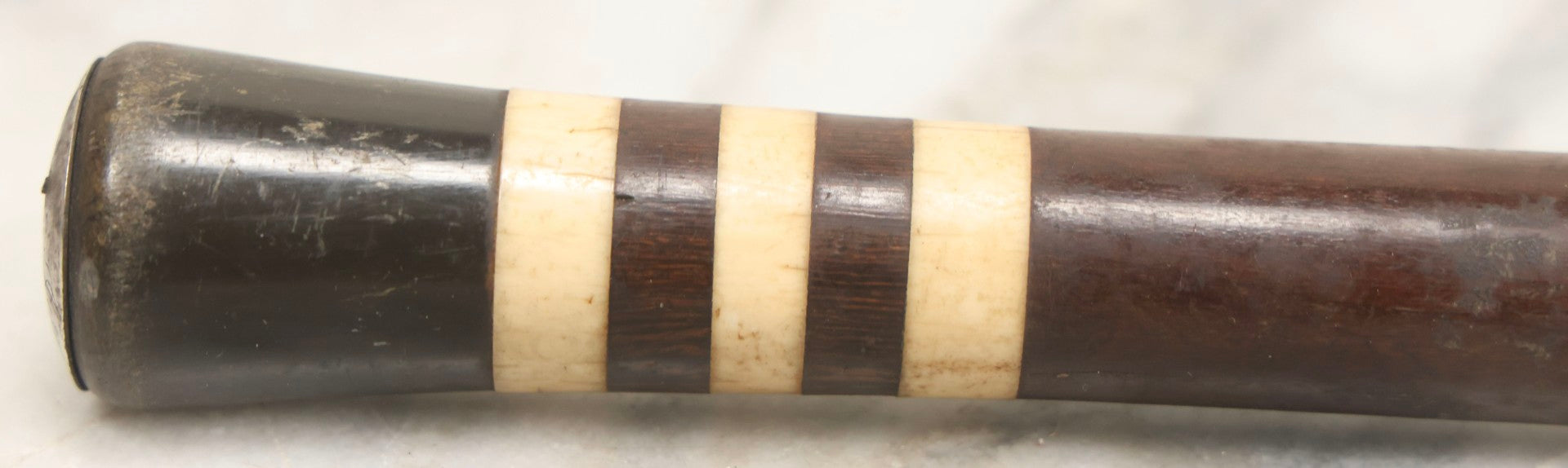 Lot 004 - Antique Cane With Sterling Silver Medallion Dated July 20th, 1901 And Monogrammed "P.M.C." Mounted On Horn Grip With Banded Bone And Wood Shaft, 33-1/2" L