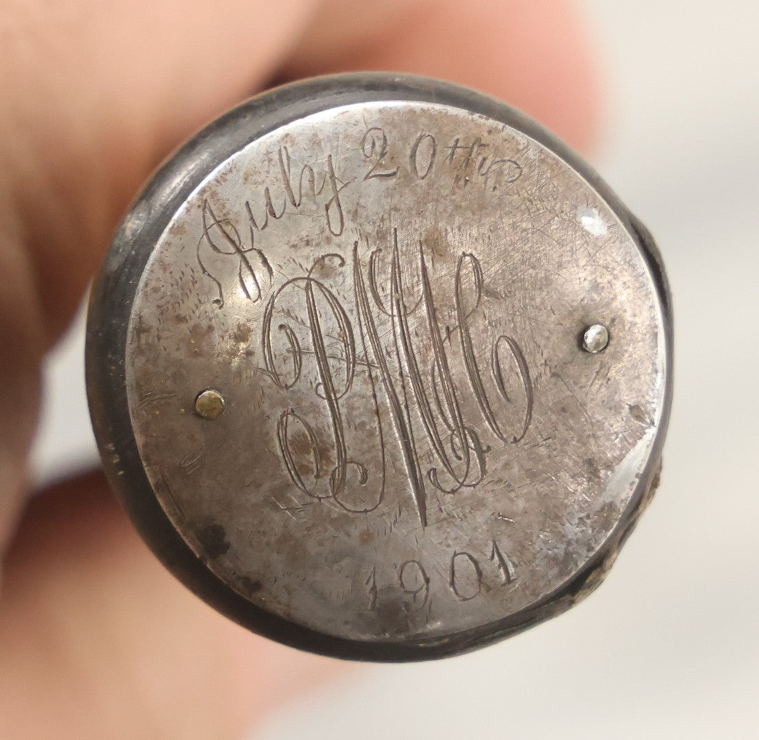 Lot 004 - Antique Cane With Sterling Silver Medallion Dated July 20th, 1901 And Monogrammed "P.M.C." Mounted On Horn Grip With Banded Bone And Wood Shaft, 33-1/2" L