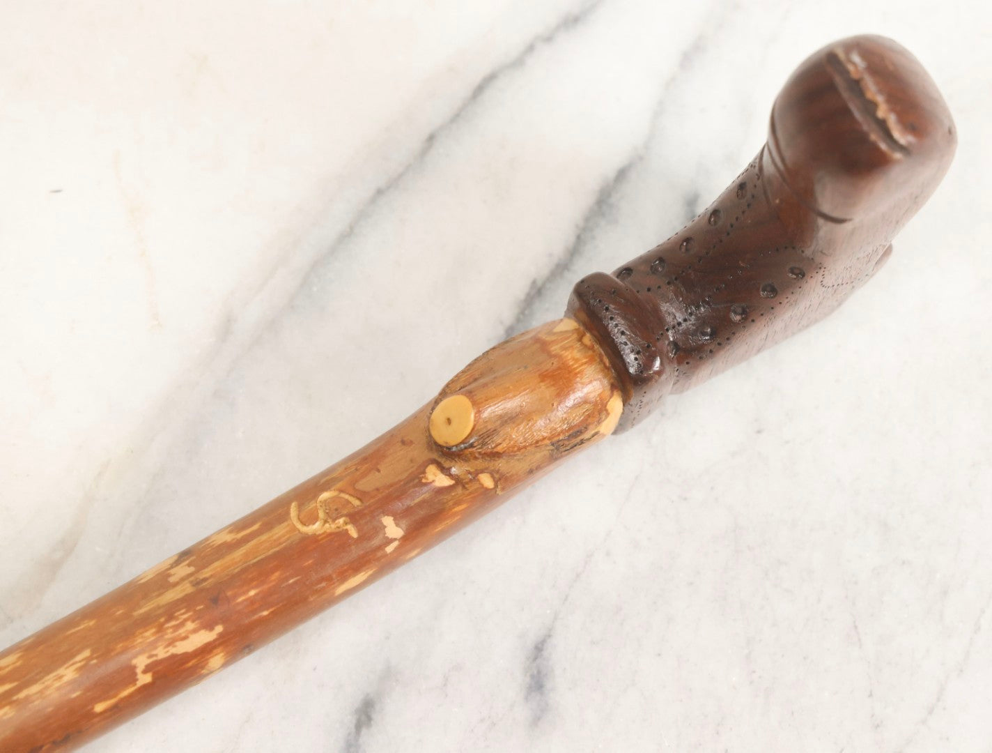 Lot 005 - Vintage Folk Art Cane With Carved Boot Handle And Natural Debarked Wood Shaft, 35-1/8" L