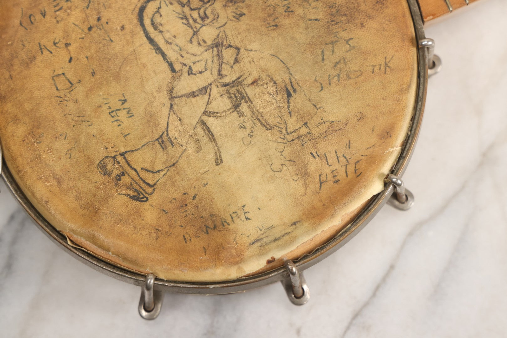 Lot 006 - Vintage Gretsch Clarophone Banjo Ukulele Banjolele With Folk Art Drawing On Head Of Cartoon Man Playing Instrument, Includes Canvas Carrying Bag, Circa 1930s