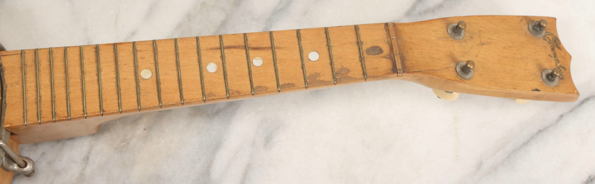 Lot 006 - Vintage Gretsch Clarophone Banjo Ukulele Banjolele With Folk Art Drawing On Head Of Cartoon Man Playing Instrument, Includes Canvas Carrying Bag, Circa 1930s