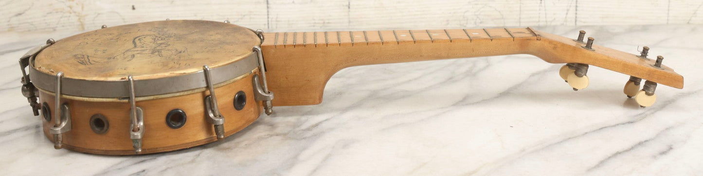 Lot 006 - Vintage Gretsch Clarophone Banjo Ukulele Banjolele With Folk Art Drawing On Head Of Cartoon Man Playing Instrument, Includes Canvas Carrying Bag, Circa 1930s