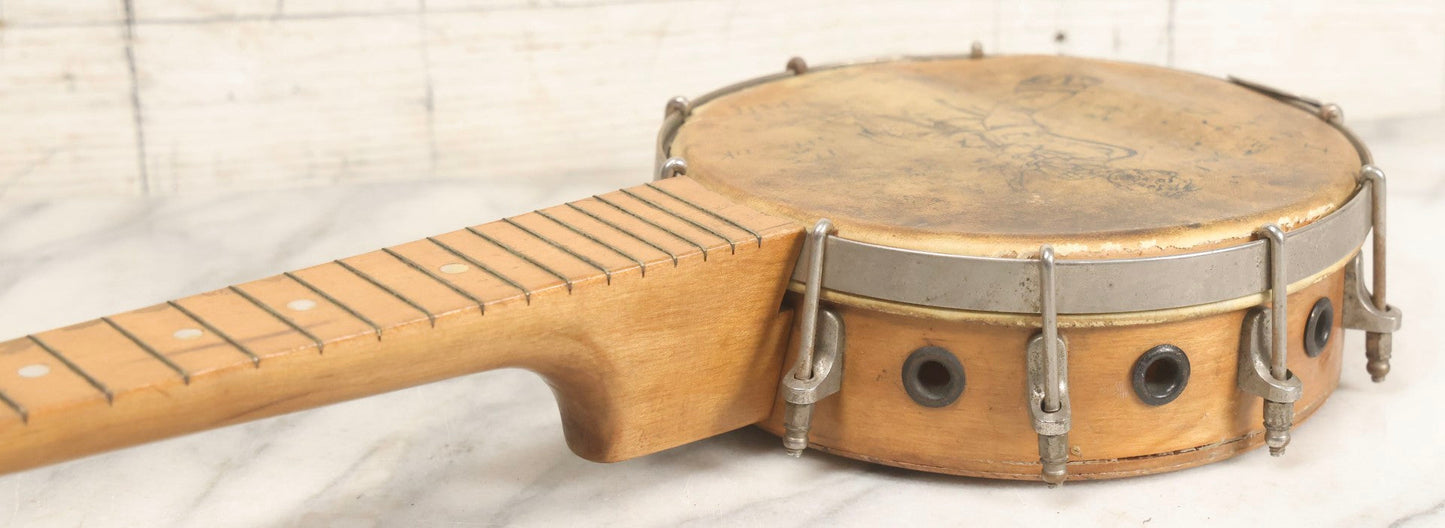 Lot 006 - Vintage Gretsch Clarophone Banjo Ukulele Banjolele With Folk Art Drawing On Head Of Cartoon Man Playing Instrument, Includes Canvas Carrying Bag, Circa 1930s