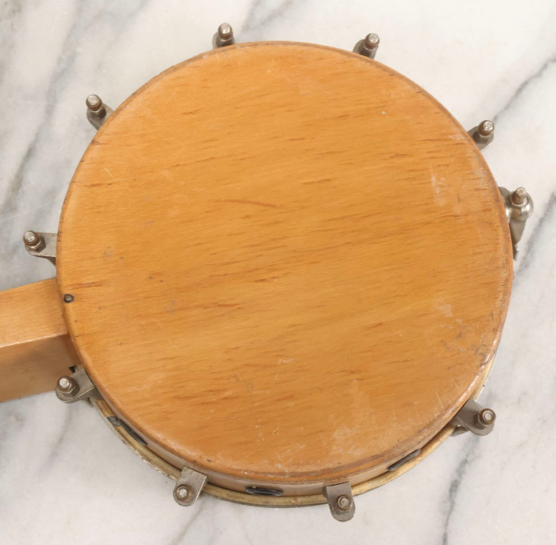 Lot 006 - Vintage Gretsch Clarophone Banjo Ukulele Banjolele With Folk Art Drawing On Head Of Cartoon Man Playing Instrument, Includes Canvas Carrying Bag, Circa 1930s