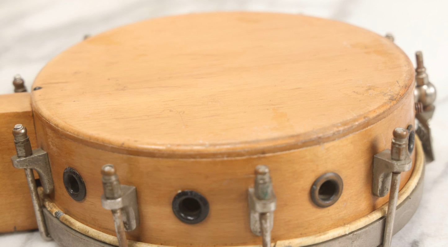 Lot 006 - Vintage Gretsch Clarophone Banjo Ukulele Banjolele With Folk Art Drawing On Head Of Cartoon Man Playing Instrument, Includes Canvas Carrying Bag, Circa 1930s