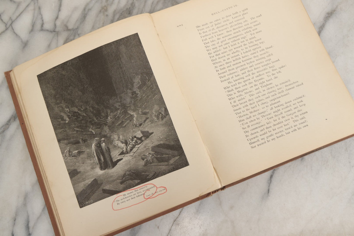 Lot 007 - "Dante's Inferno" Antique Illustrated Verse Book Translated From The Original Of Dante Alighieri, Illustrated By Gustave Doré, Published By Henry Altemus, Philadelphia, Pennsylvania, Circa 1888, Note Red Marks Throughout