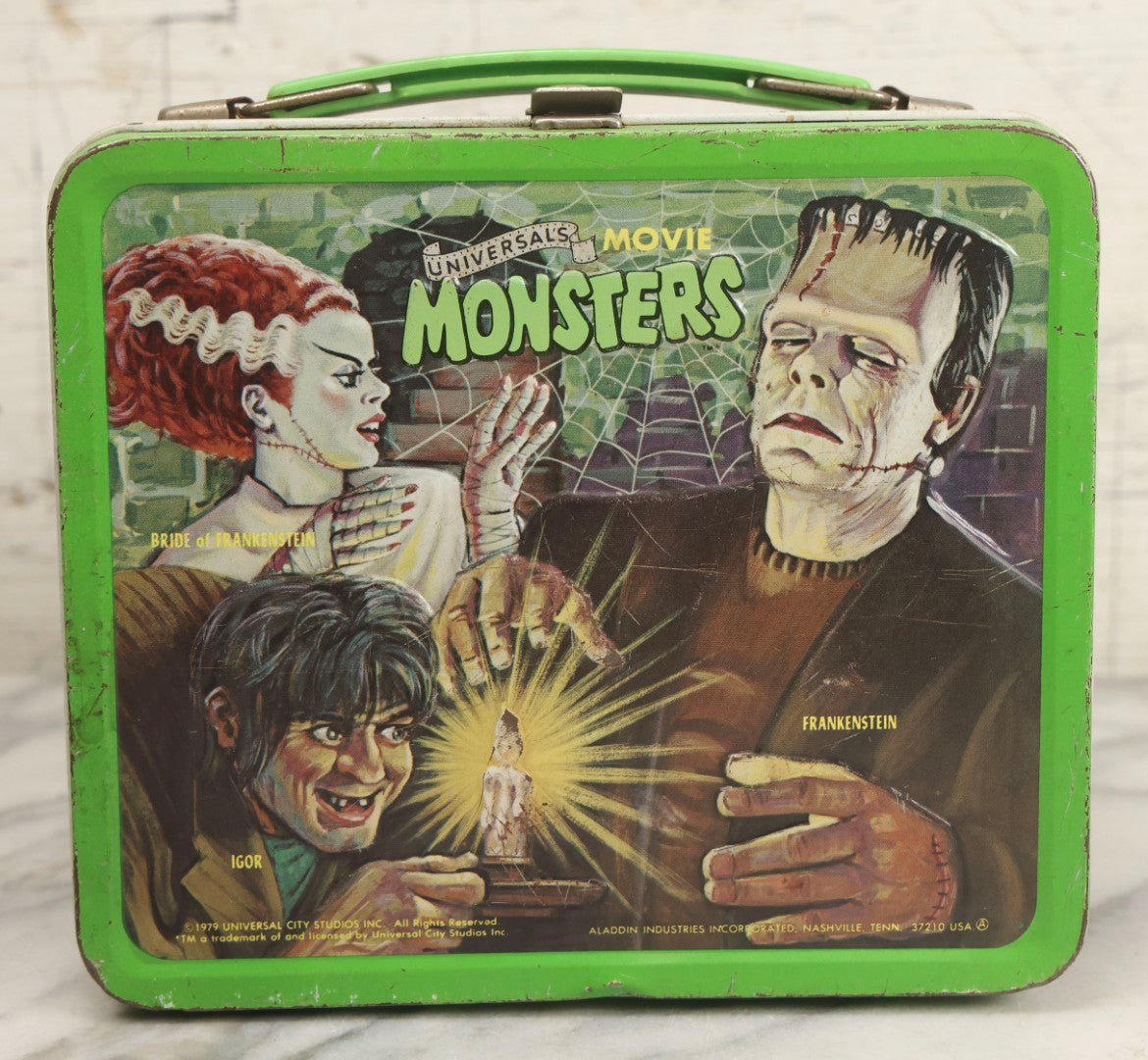 Lot 008 - Vintage Universal Movie Monsters Aladdin Brand Tin Lithograph Lunchbox Featuring Count Dracula, Wolf Man, Frankenstein, Mummy, Phantom Of The Opera, Creature From The Black Lagoon, Copyright 1979, Aladdin Industries Inc., Nashville, Tennessee