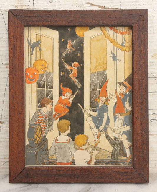Lot 009 - Vintage Pencil And Watercolor Halloween Artwork Of Children At Window With Flying Witch And Elf Characters, Signed, Framed, 5-5/8" x 7"