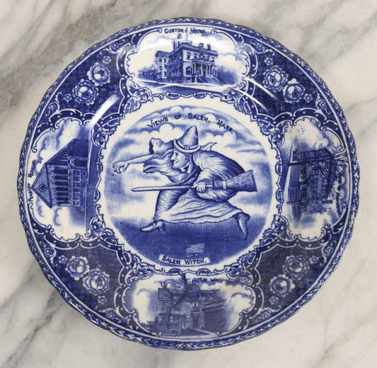 Lot 010 - Vintage Salem Plate With Views Of Salem, Massachusetts And Salem Witch Illustration, Stamped England, Note Hairline Cracks From Underside, 9" Diameter
