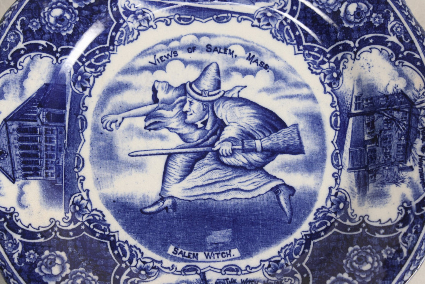 Lot 010 - Vintage Salem Plate With Views Of Salem, Massachusetts And Salem Witch Illustration, Stamped England, Note Hairline Cracks From Underside, 9" Diameter