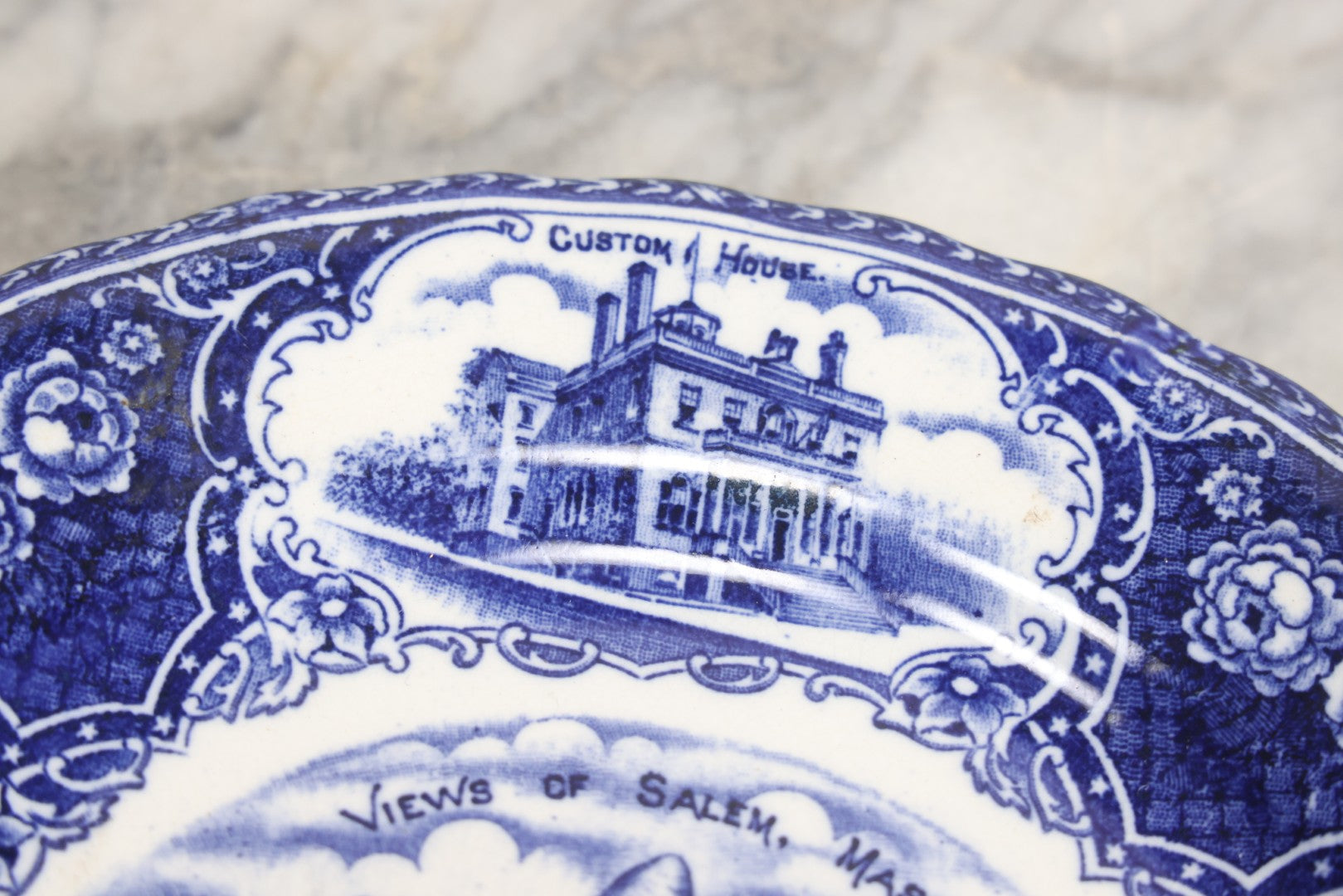 Lot 010 - Vintage Salem Plate With Views Of Salem, Massachusetts And Salem Witch Illustration, Stamped England, Note Hairline Cracks From Underside, 9" Diameter
