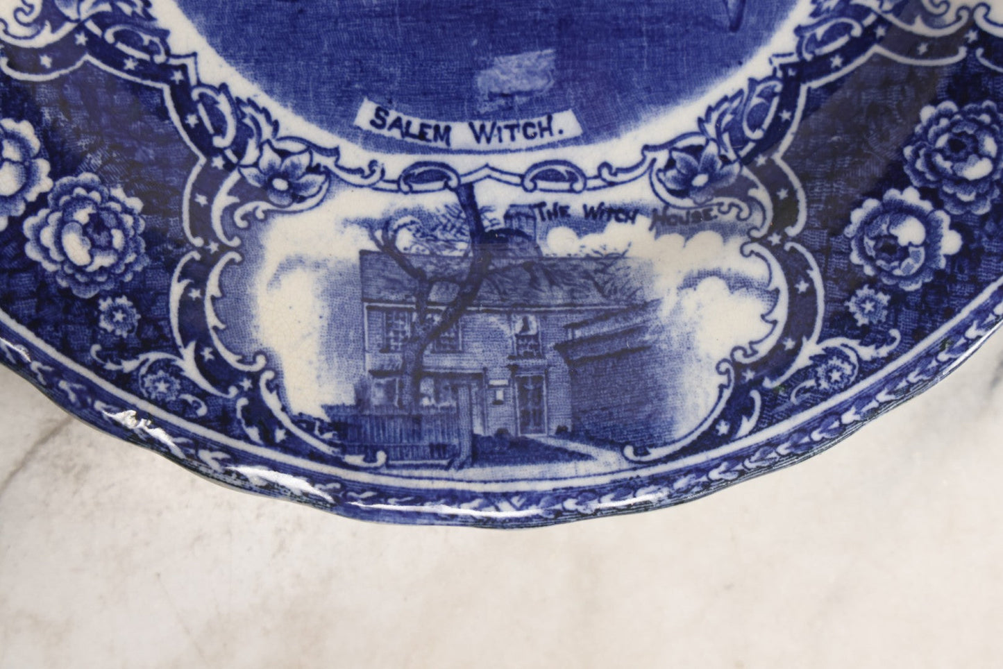 Lot 010 - Vintage Salem Plate With Views Of Salem, Massachusetts And Salem Witch Illustration, Stamped England, Note Hairline Cracks From Underside, 9" Diameter