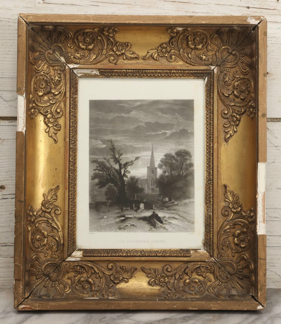 Lot 013 - Antique Engraving “The Husband's Grave” By John Sartain After Thomas Creswick, Circa 1855, In Worn Gilded Gesso Frame