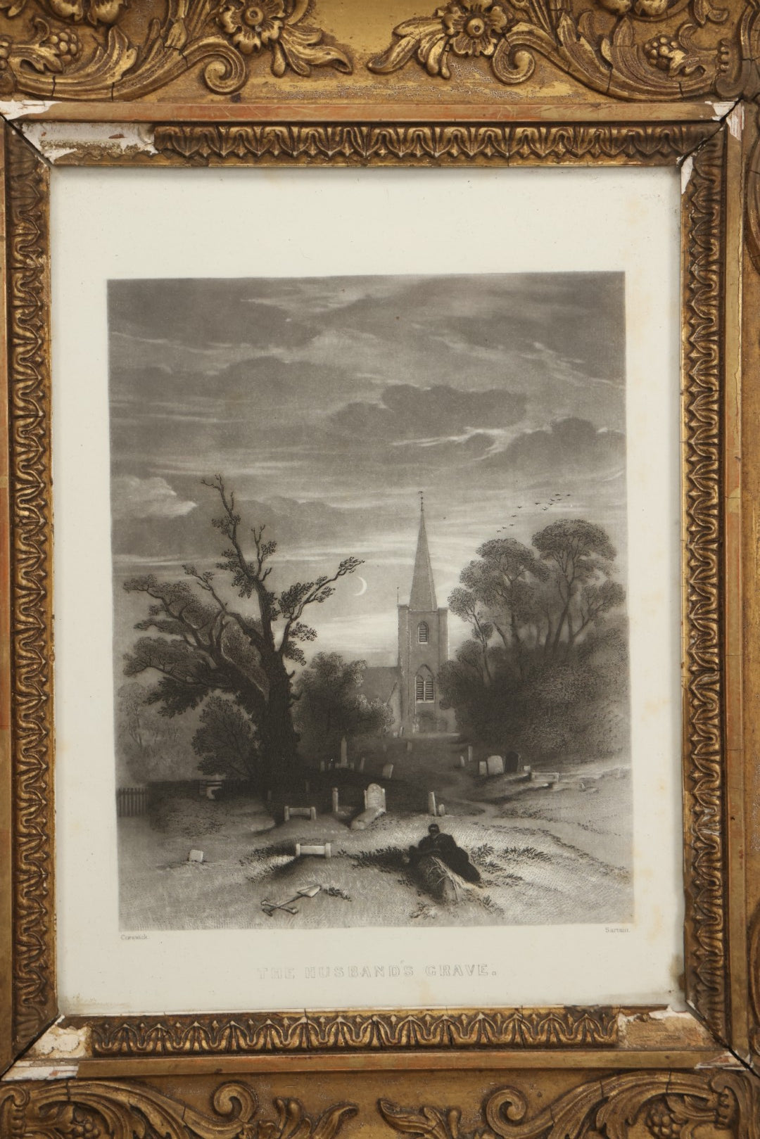 Lot 013 - Antique Engraving “The Husband's Grave” By John Sartain After Thomas Creswick, Circa 1855, In Worn Gilded Gesso Frame