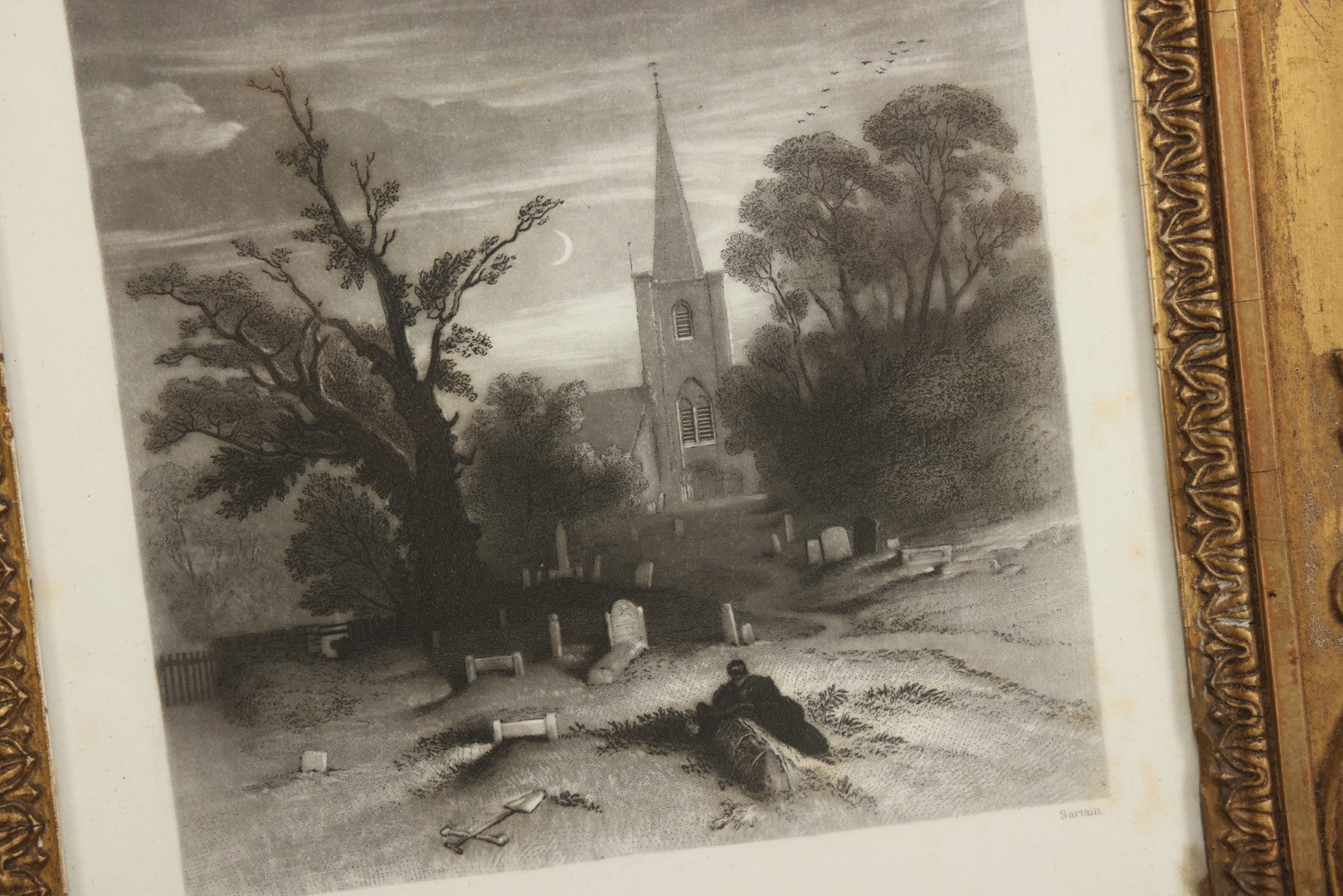 Lot 013 - Antique Engraving “The Husband's Grave” By John Sartain After Thomas Creswick, Circa 1855, In Worn Gilded Gesso Frame