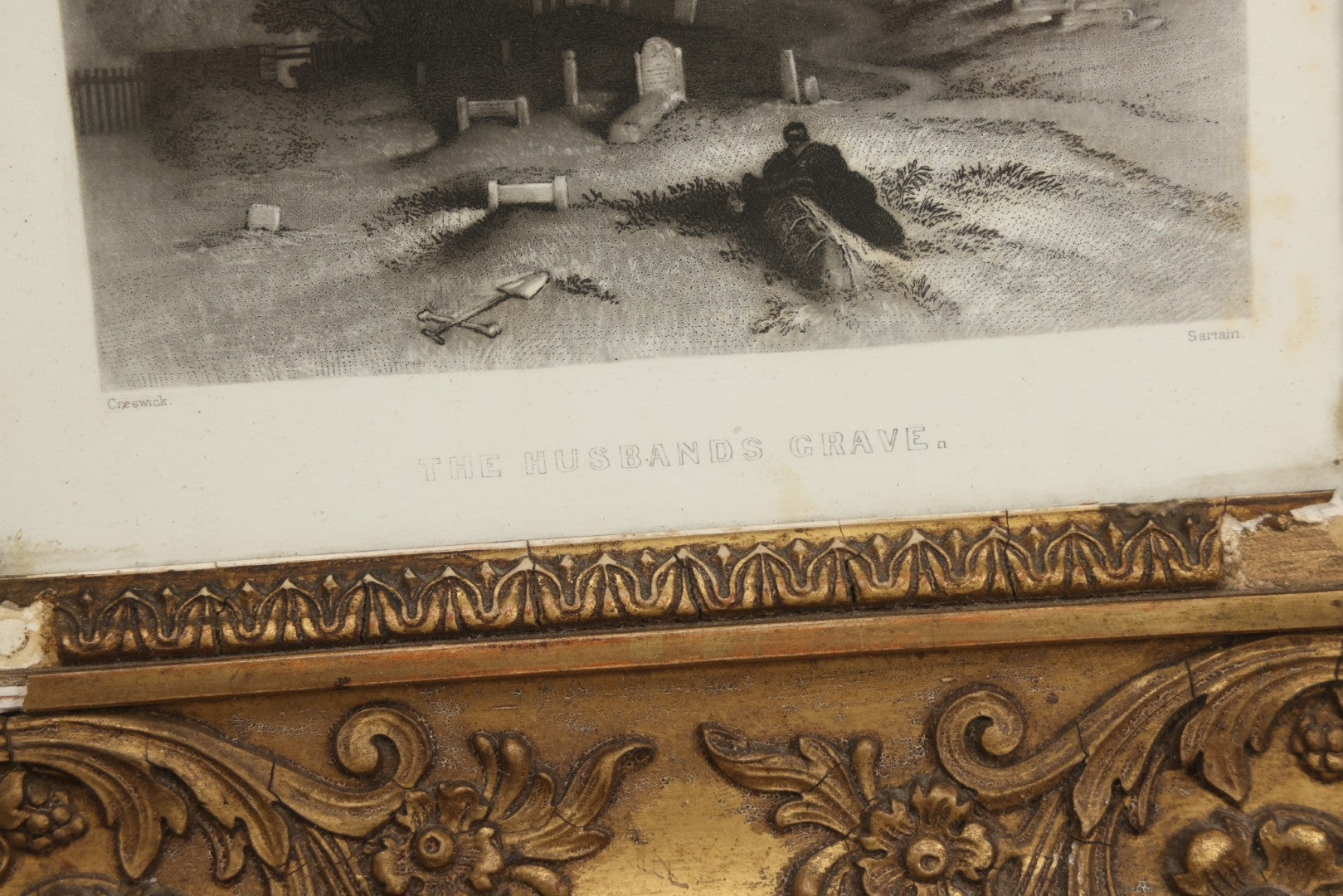 Lot 013 - Antique Engraving “The Husband's Grave” By John Sartain After Thomas Creswick, Circa 1855, In Worn Gilded Gesso Frame