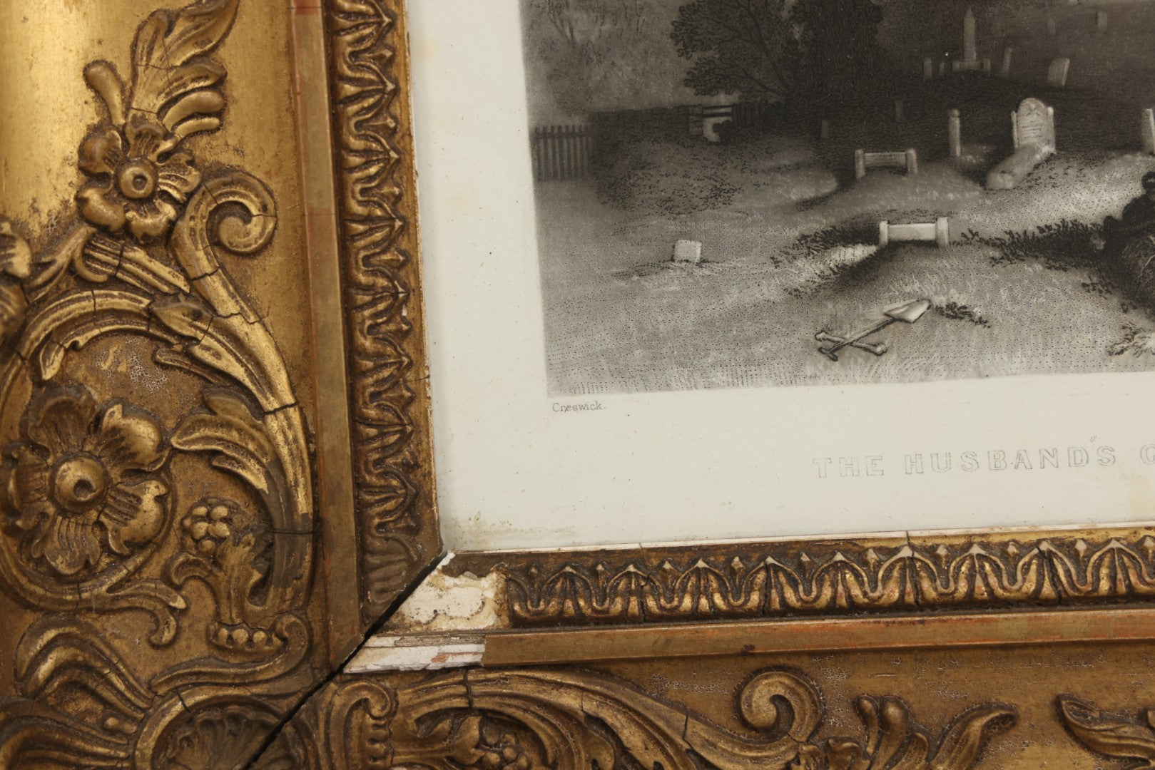 Lot 013 - Antique Engraving “The Husband's Grave” By John Sartain After Thomas Creswick, Circa 1855, In Worn Gilded Gesso Frame