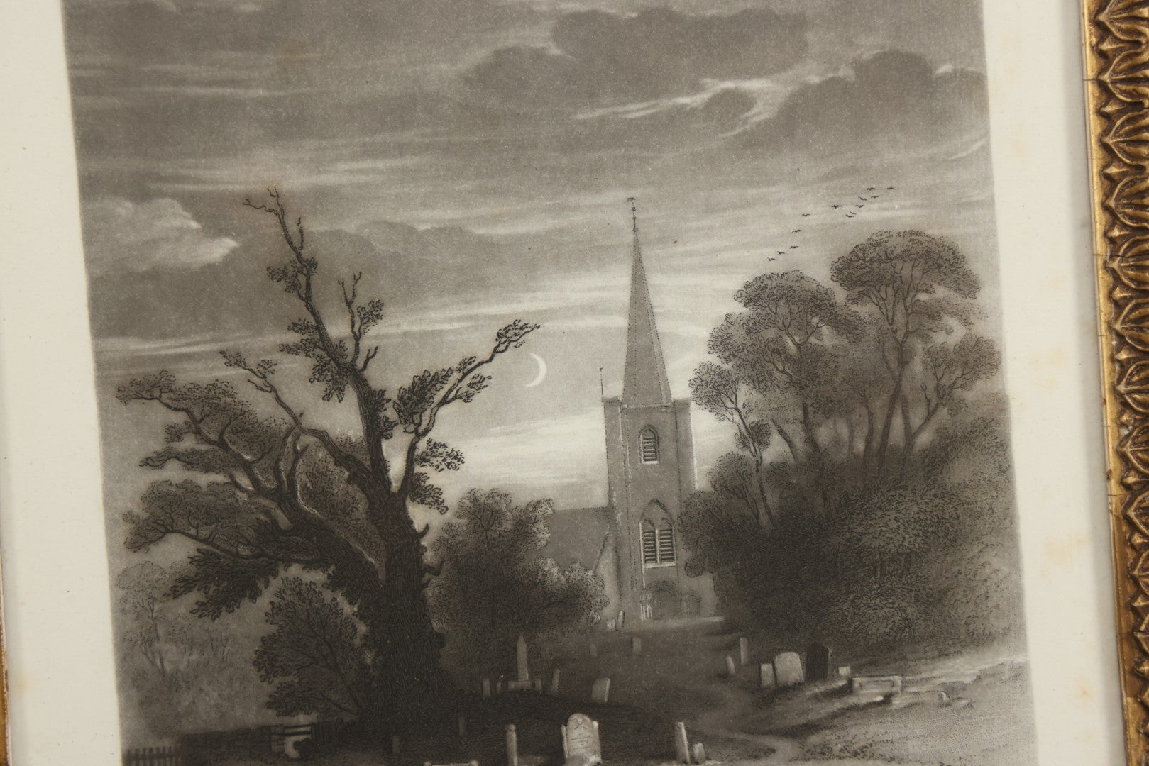 Lot 013 - Antique Engraving “The Husband's Grave” By John Sartain After Thomas Creswick, Circa 1855, In Worn Gilded Gesso Frame