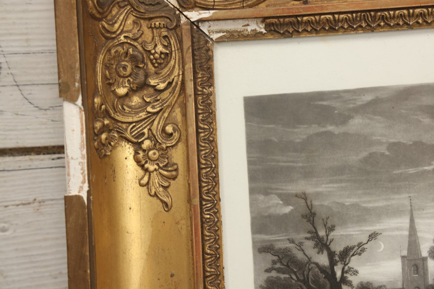 Lot 013 - Antique Engraving “The Husband's Grave” By John Sartain After Thomas Creswick, Circa 1855, In Worn Gilded Gesso Frame