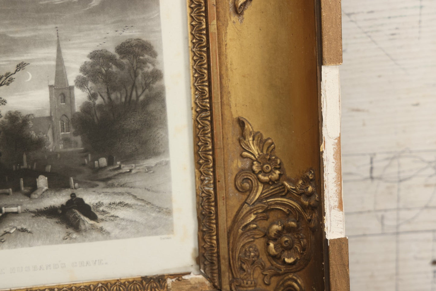 Lot 013 - Antique Engraving “The Husband's Grave” By John Sartain After Thomas Creswick, Circa 1855, In Worn Gilded Gesso Frame