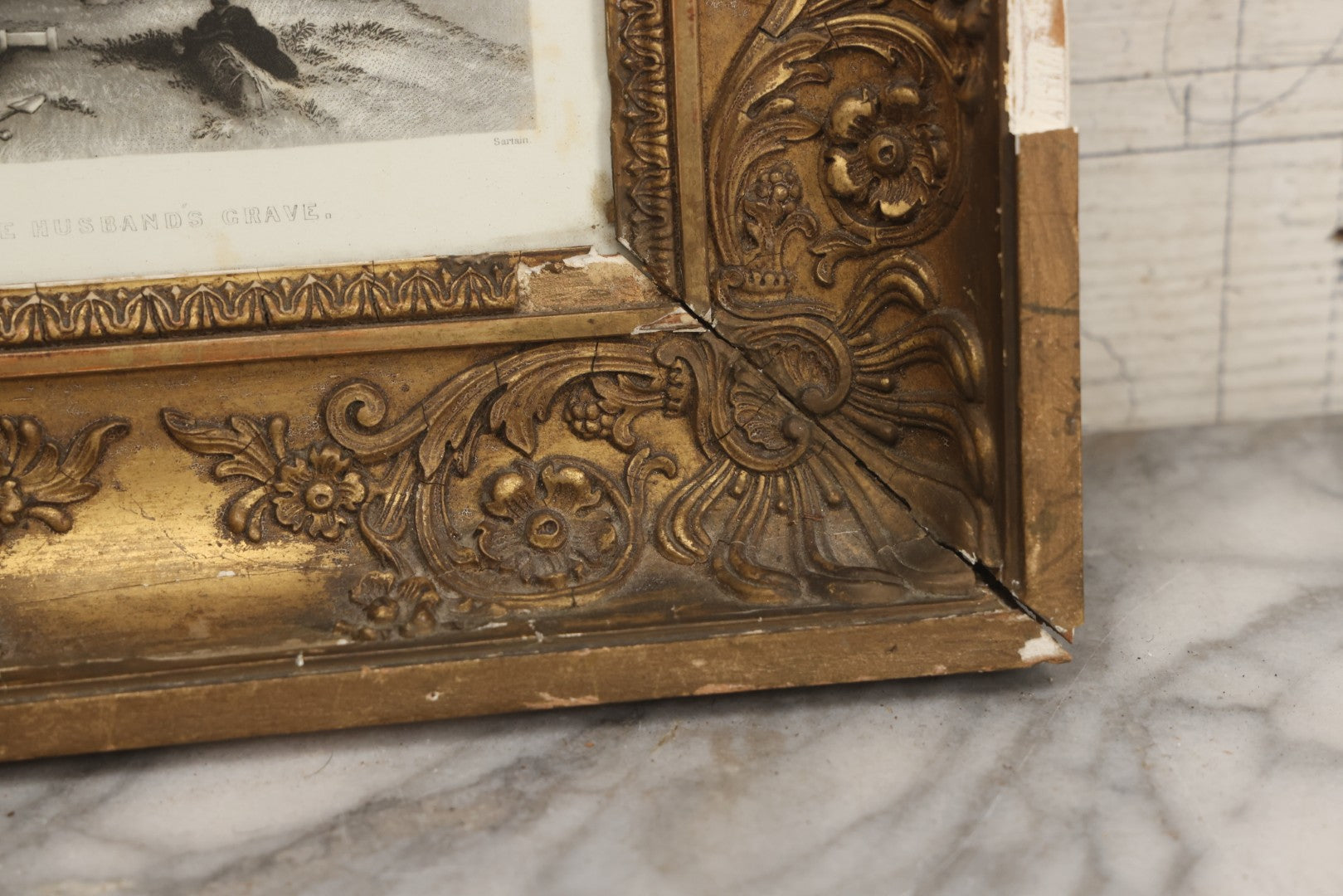 Lot 013 - Antique Engraving “The Husband's Grave” By John Sartain After Thomas Creswick, Circa 1855, In Worn Gilded Gesso Frame