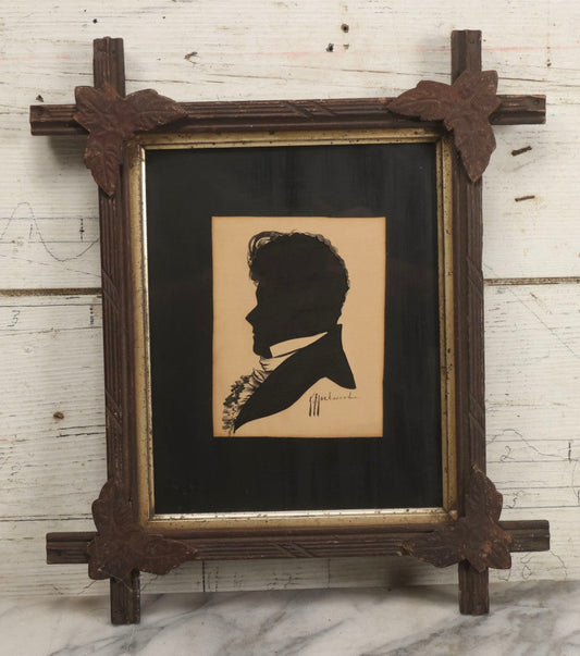 Lot 014 - Antique Hand-Cut And Hand-Painted Black Silk And Paper Silhouette Of Man In Profile With Cravat, Signed K.F. Lockwood, In Antique Wood Frame With Corner Ornaments, Circa 1850