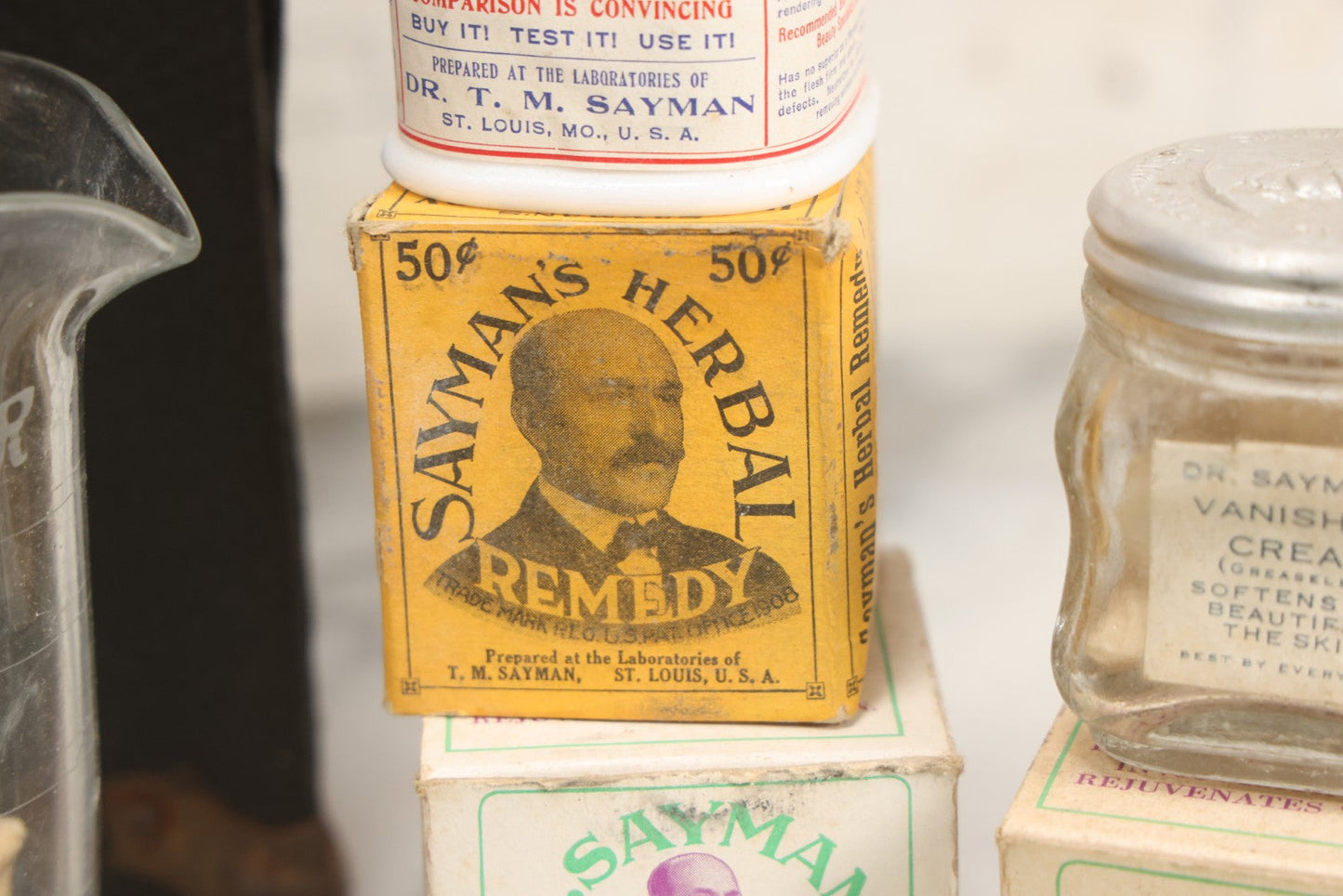 Lot 016 - Antique Traveling Salesman's Patent Medicine Case With Extensive Contents From T.M. Sayman Products Co., St. Louis, Missouri — Nos Vanishing Creams, Flavoring Extracts, Remedies, Ephemera & Sales Ledger