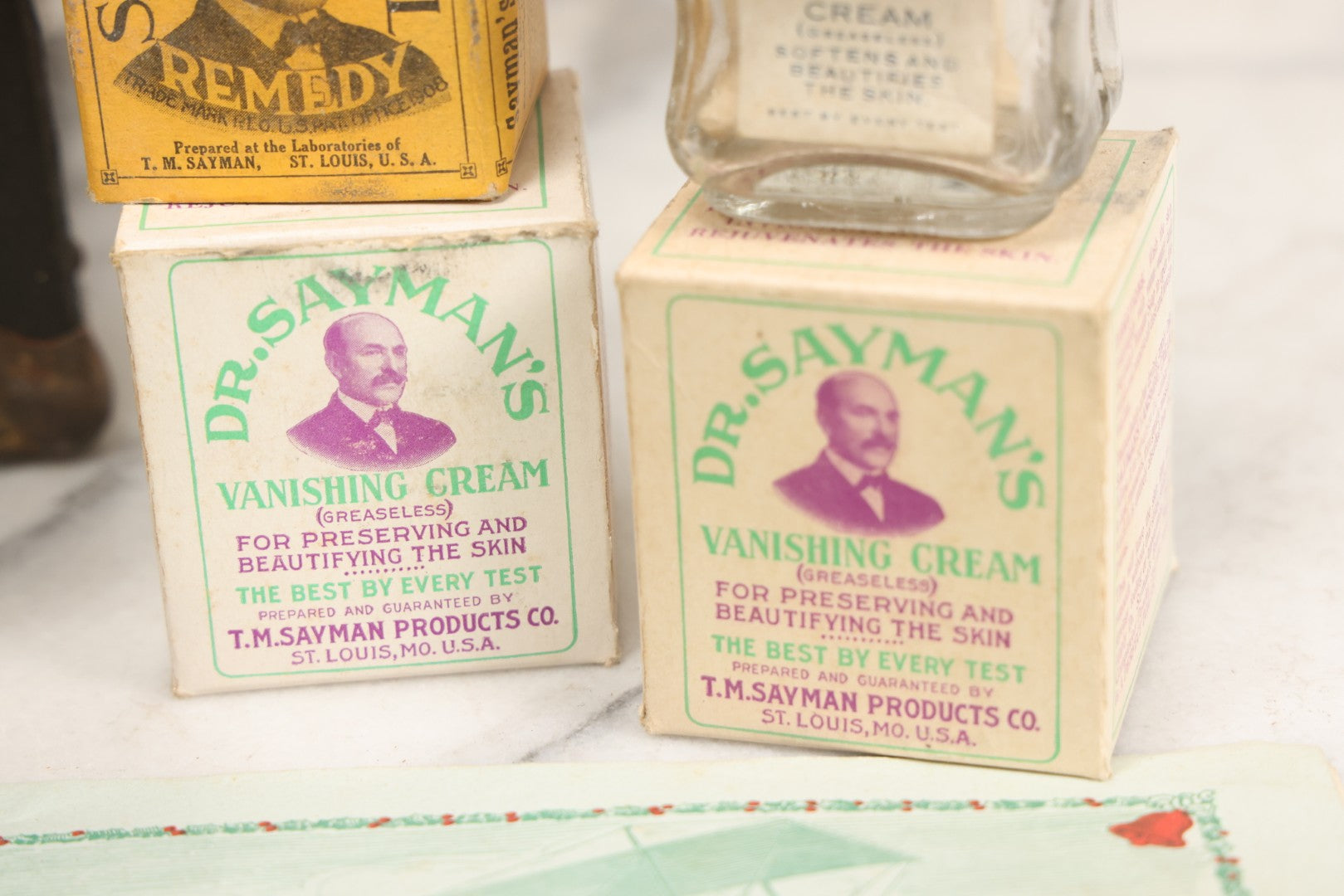 Lot 016 - Antique Traveling Salesman's Patent Medicine Case With Extensive Contents From T.M. Sayman Products Co., St. Louis, Missouri — Nos Vanishing Creams, Flavoring Extracts, Remedies, Ephemera & Sales Ledger